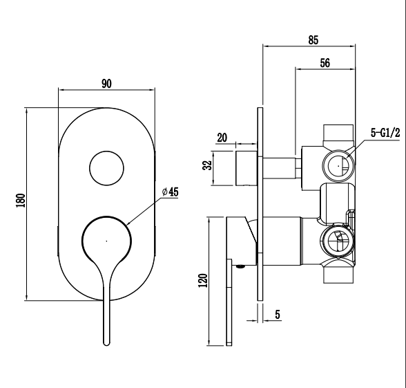 Sereno Concealed Diverter Wall Mixer - Gun Metal Brushed