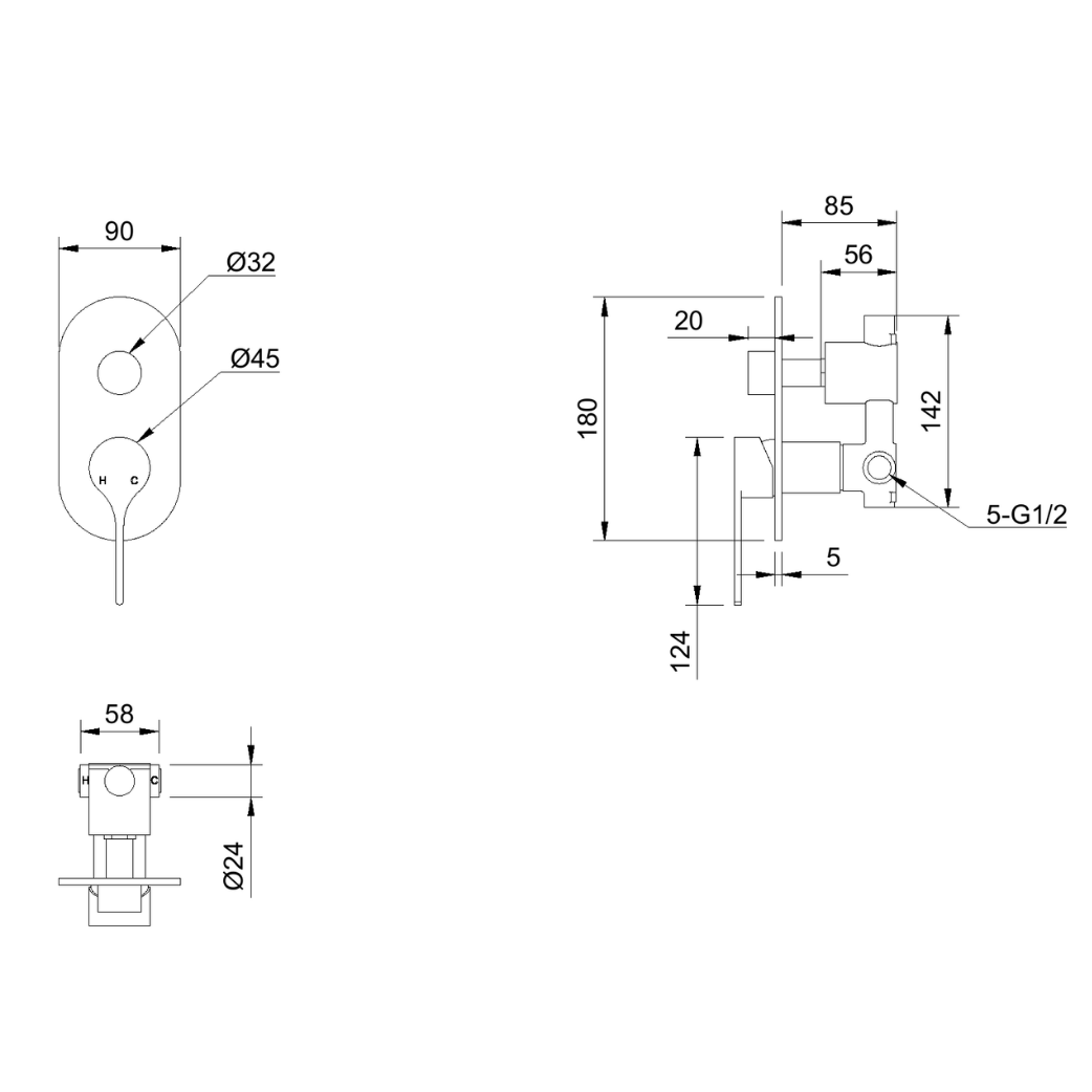 Sereno Concealed Diverter Wall Mixer - Brushed Brass