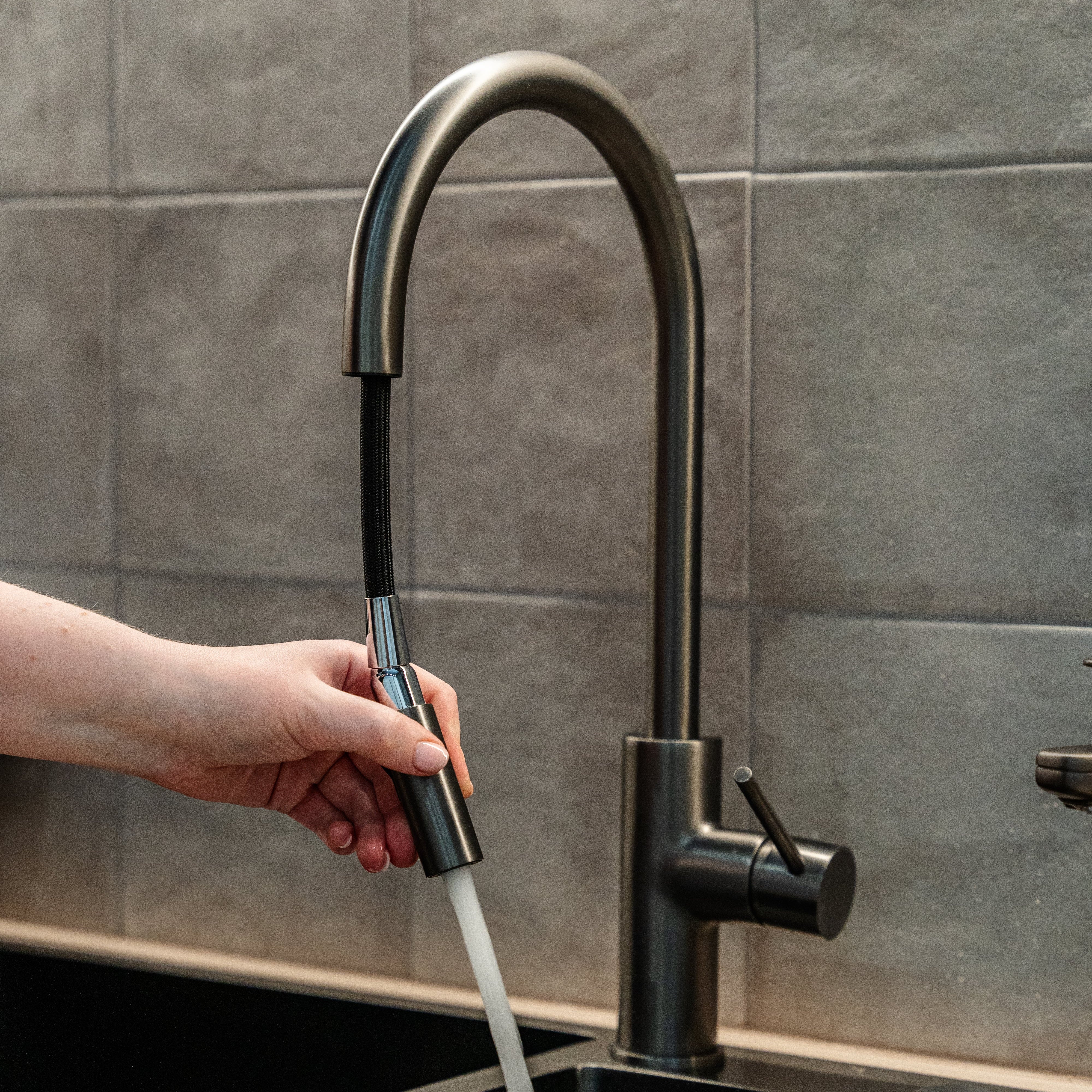 Haven Gooseneck Pull Out Mixer - Gun Metal Brushed