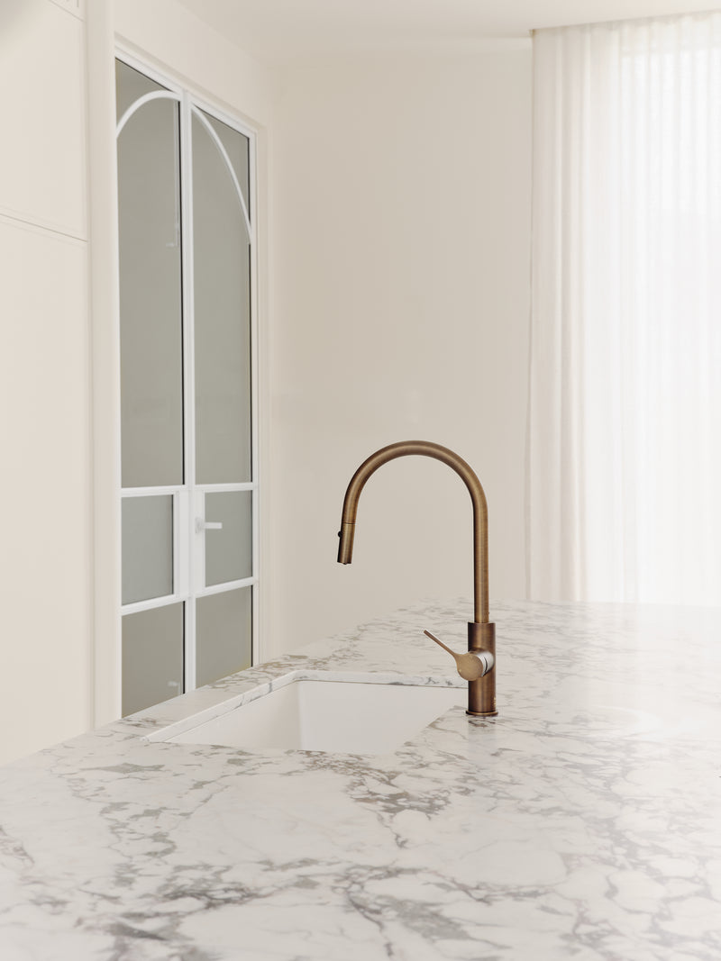 Kitchen · Sereno Gooseneck Pull Out Mixer in Antique Brass